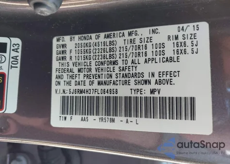 2015 Honda Cr-V Lx from USA, damaged, VIN 5J6RM4H37FL064958